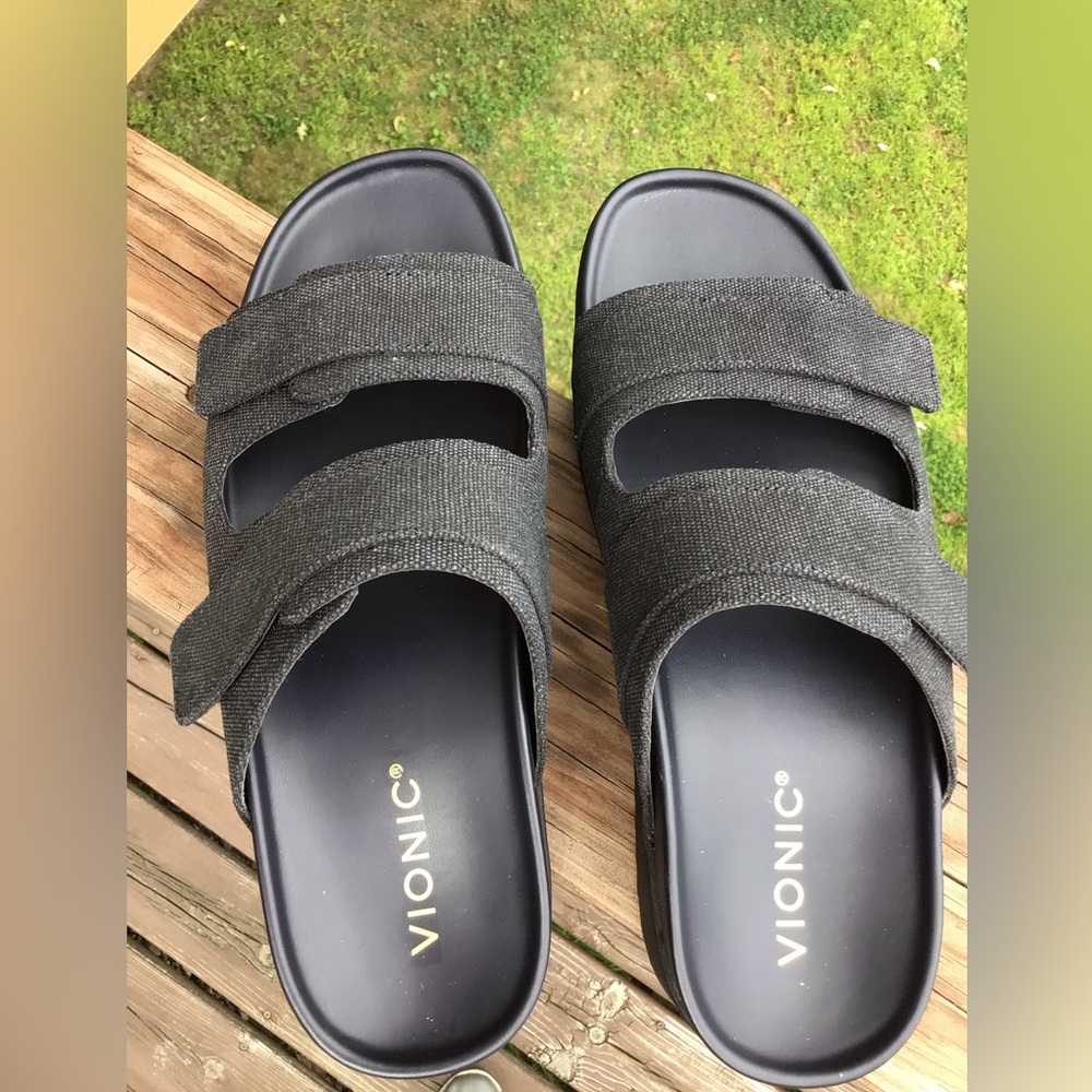 Black and Gray Slide Sandals with adjustable Velcro closure. NIB never worn. - Picture 3 of 5